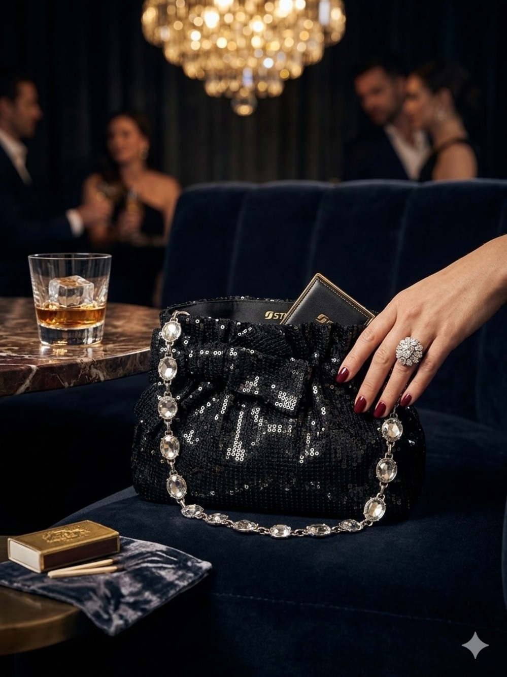 White House Black Market Black Sequin Clutch with Crystal Chain - Picture 3 of 12